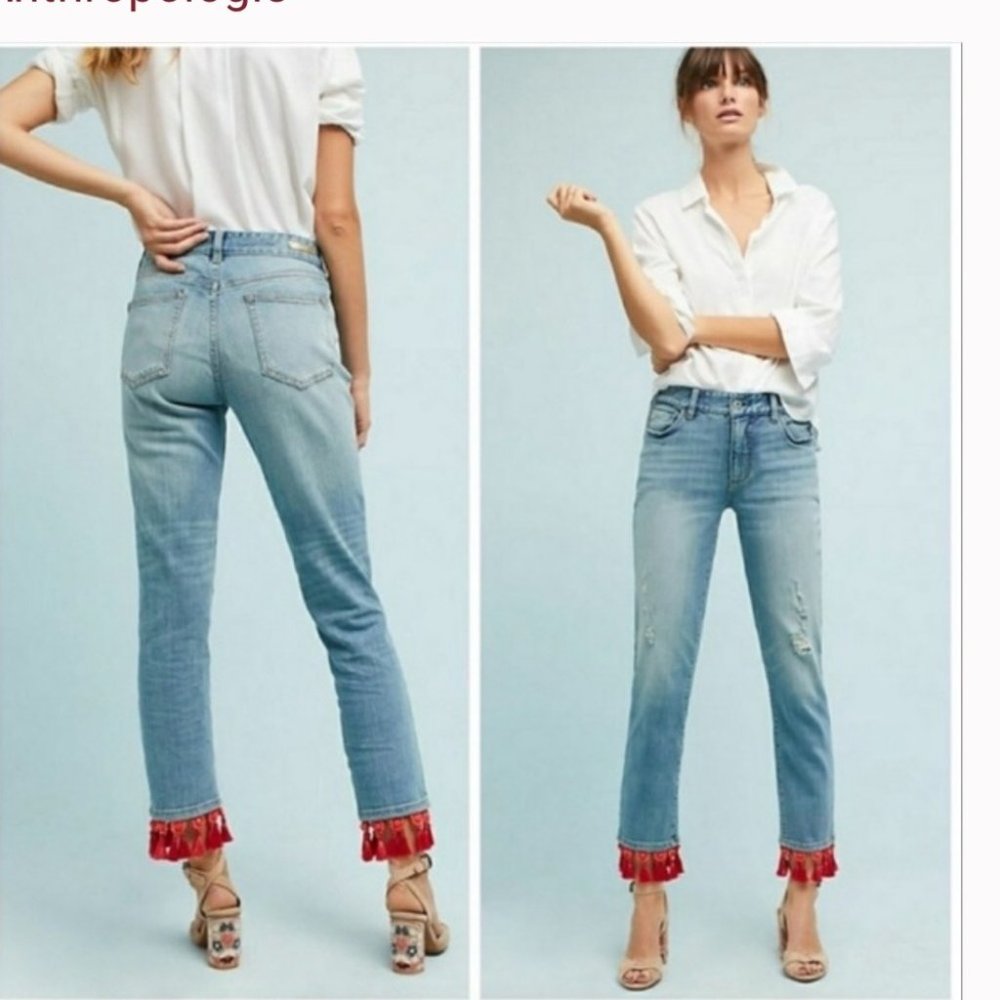 Anthropologie Light Wash Jeans with Red Fringe Hem